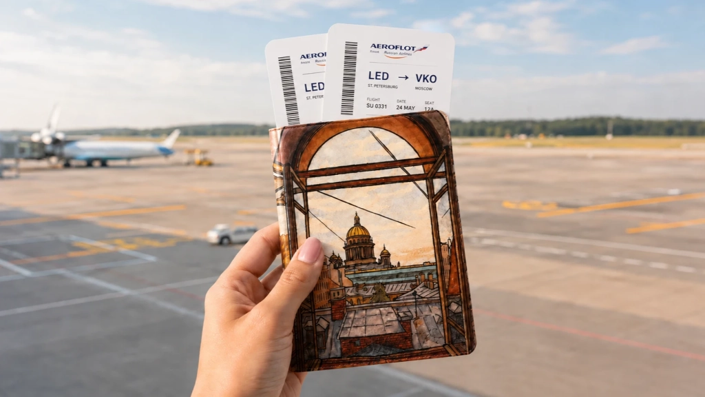 Обложка на паспорт с петербургским рисунком в руке.