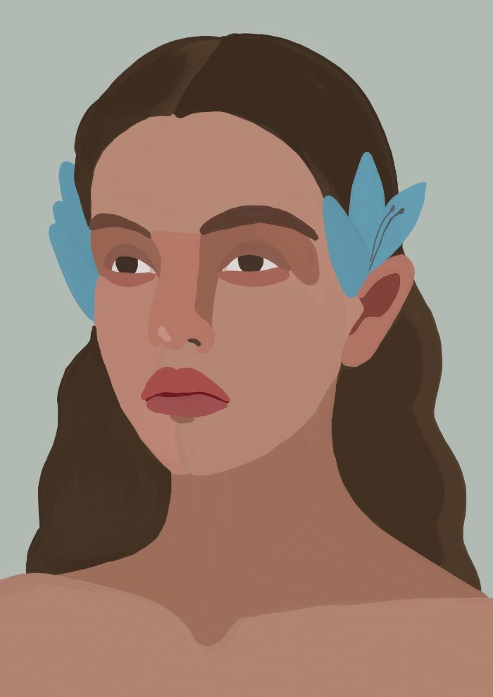 Постер интерьерный «Девушка с голубыми цветами», А4