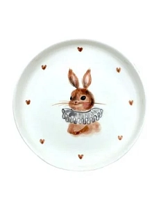 Тарелка ручной работы Ким керамика с бортиком Зайка в жабо, белая, фарфор, 13 см