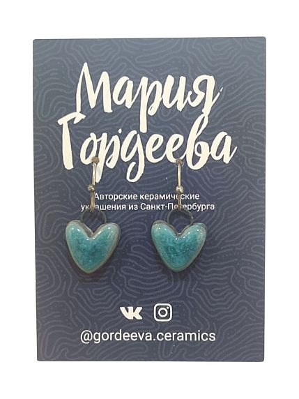 Серьги на короткой петле Сердечки, керамика, мятные, фото 1.