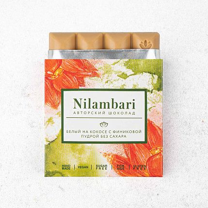 Шоколад Nilambari белый на кокосе с финиковой пудрой без сахара, фото 1.