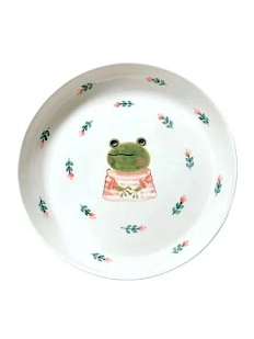 Тарелка ручной работы Ким керамика с бортиком Лягушка с розовыми цветочками, белая, фарфор, 19 см
