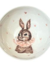 Пиала ручной работы с росписью внутри Зайка в жабо с сердечками, белая, фарфор, 10 см