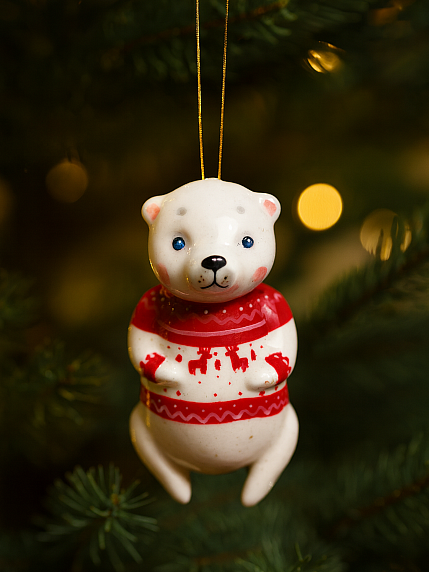 Ёлочная игрушка из фарфора «Медведь в новогоднем свитере», 12 см, фото 3.