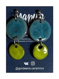 Серьги Мария Гордеева ассиметричные составные, керамика, салатовые с синим