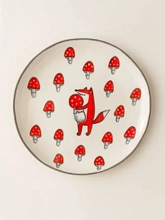 Тарелка ручной работы Ким керамика с бортиком Лис с мухоморами, белая, 17 см