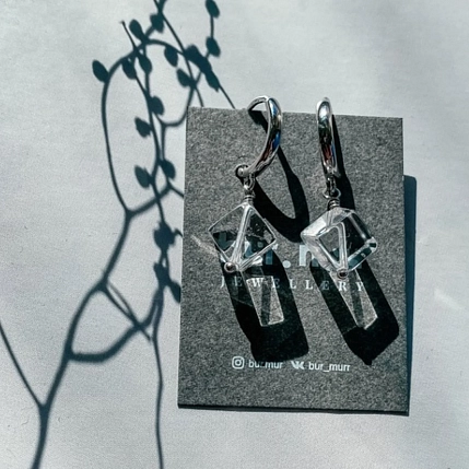 Серьги-конго Бур.Мур «Ice», родированная латунь, горный хрусталь, фото 2.