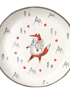Тарелка ручной работы Ким керамика с бортиком Лис в горах, белая, 13 см