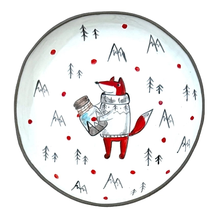 Тарелка ручной работы Ким керамика с бортиком Лис в горах с банкой, белая, 13 см, фото 1.