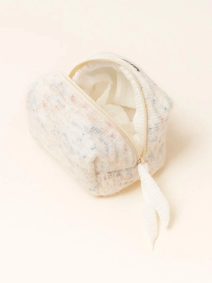 Вязаная косметичка ручной работы с карманом Мигетт, размер М, разноцветная с белым подкладом, фото 3.