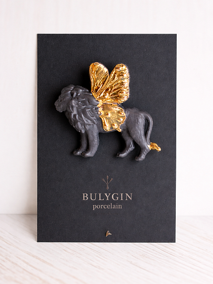 Брошь ручной работы Bulygin «Лев», фарфор, чёрно-золотистая, фото 5.