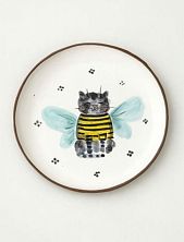 Тарелка ручной работы с бортиком Кот-пчёлка, белая, 13 см