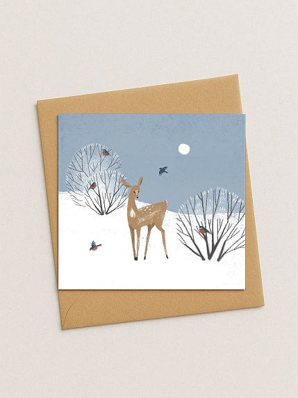 Квадратная зимняя сканди открытка «Олененок и снегири», фото 1.