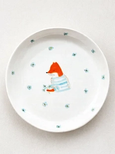 Тарелка ручной работы Ким керамика с бортиком Лисёнок с голубыми цветочками, белая, фарфор, 19 см