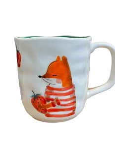 Кружка ручной работы Ким керамика с росписью Лис в красной тельняшке с клубникой, фарфор, 350 мл