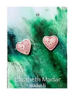 Серёжки-гвоздики Elizabeth Madar Сердца с узорами, розовые, керамика