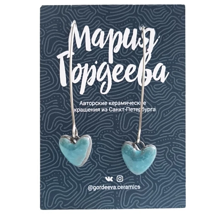 Серьги Мария Гордеева Сердечки, на длинной петле, керамика, мятные, фото 1.