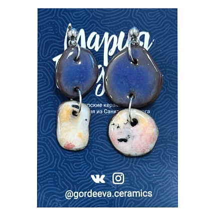 Составные серьги Мария Гордеева, керамика, фиолетовые с бело-розовым, фото 1.