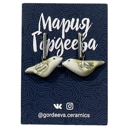 Серёжки-гвоздики Мария Гордеева «Птички», керамика, фото 1.