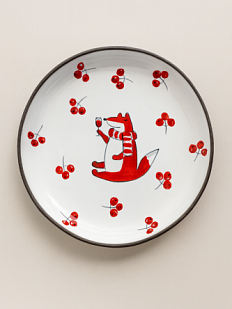 Тарелка ручной работы с бортиком Лис с брусникой и бокалом, белая, 13 см