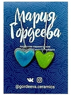 Серьги Мария Гордеева Сердечки, на петле, керамика,  сини-зелёные