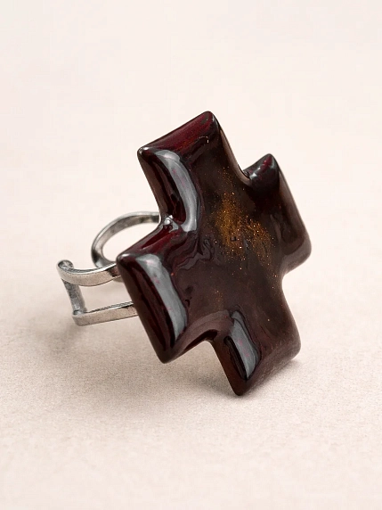 Кольцо ручной работы КерамЕлКа «Крест», черно-коричневое, фарфор, фото 2.