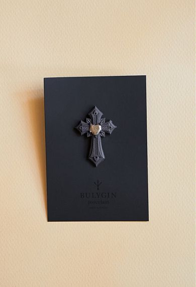 Брошь ручной работы Bulygin «Крест», фарфор, чёрно-серебристая, фото 2.