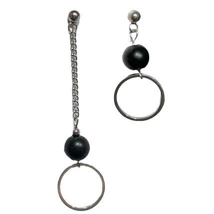 Асимметричные серьги с кольцами, ювелирная сталь, чёрные, фото 1.