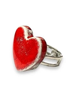 Кольцо ручной работы КерамЕлКа «Сердечко», красно-белое,  керамика