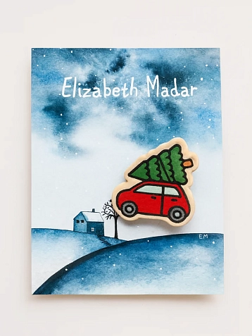 Брошь ручной работы Elizabeth Madar «Машинка с ёлочкой», керамика, фото 1.