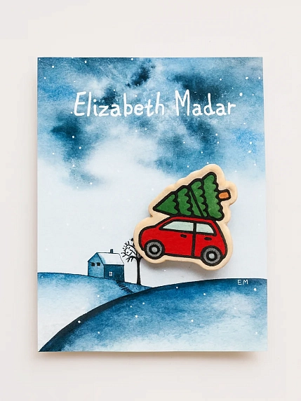 Брошь ручной работы Elizabeth Madar «Машинка с ёлочкой», керамика, фото 1.