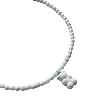 Чокер ручной работы с подвеской «Мишка», бисер, белый, фото 1.