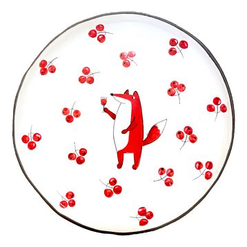 Тарелка ручной работы с бортиком Лис с брусникой, белая, 17 см, фото 1.