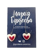 Серьги на длинной петле Сердечки, керамика, красно-белые