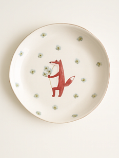 Тарелка ручной работы с бортиком Лис с голубыми цветами, белая, 17 см