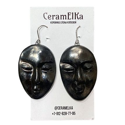 Серьги «Лица» большие, фарфор, чёрные, металлик, фото 1.