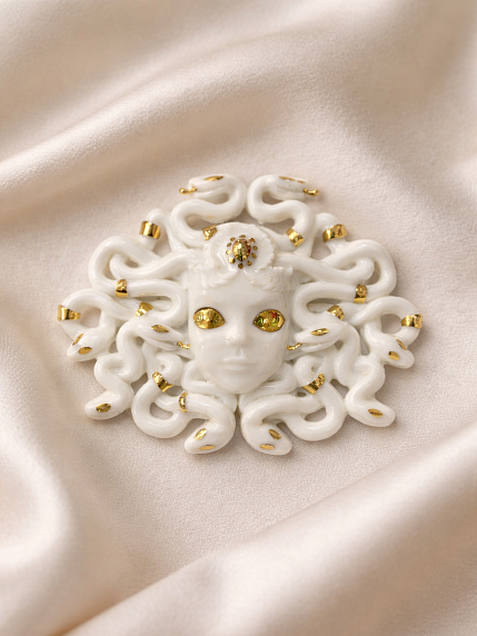Брошь ручной работы Фарфор Булыгина «Медуза Горгона», бело-золотистая, фото 3.
