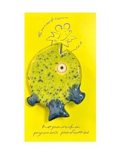 Брошь ручной работы «Рыба-шар», керамика, зелёная