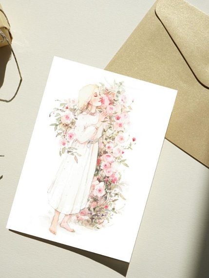 Открытка Оксана Викторова «Девочка с розами», односторонняя, фото 1.