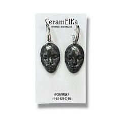 Серьги «Лица», фарфор, чёрные, металлик
