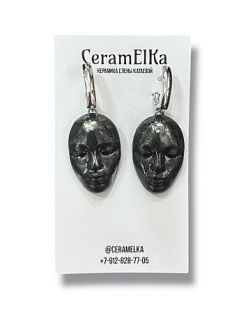 Серьги «Лица», фарфор, чёрные, металлик