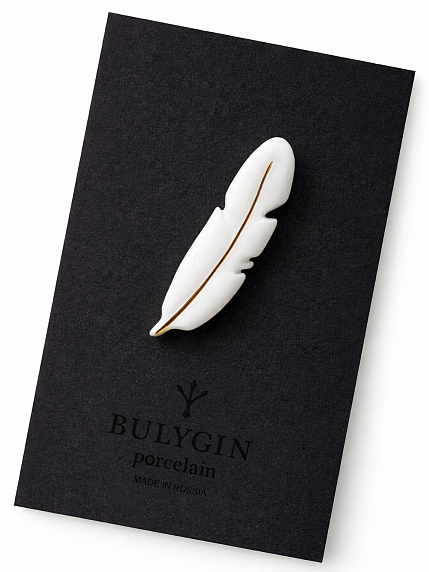 Брошь ручной работы Bulygin «Перо», фарфор, бело-золотистая, фото 2.