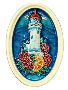 Панно ручной работы Фарфор Булыгина «Маяк с цветами», керамика, синее, 12 см