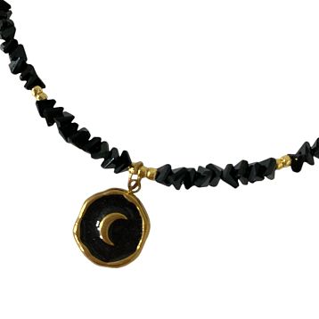 Чокер ручной работы с подвеской-полумесяцем, чёрный, фото 3.