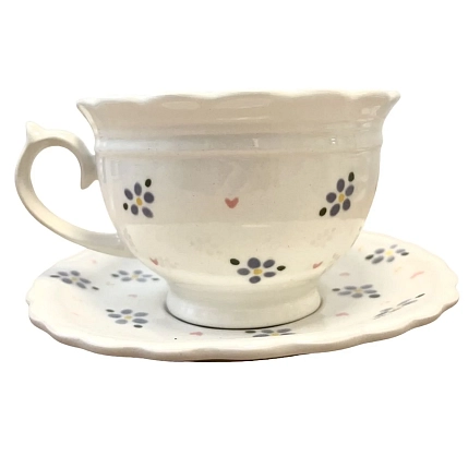 Чайная пара ручной работы Slowday Ceramics в фиолетовый цветочек с сердечками «Винтаж», полуфарфор, 250 мл, фото 1.