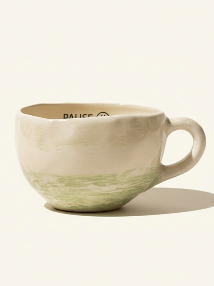 Кружка ручной работы Мастерская Виктории Нор «Pause», перламутровая с зелеными разводами, керамика, 350мл, фото 1.