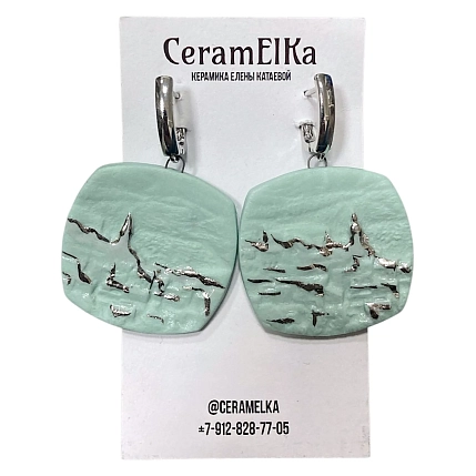 Серьги КерамЕлКа «Контуры города», фарфор, мятные, фото 1.