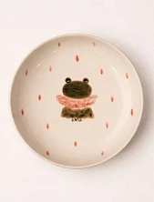 Тарелка ручной работы Ким керамика с бортиком Лягушка в жабо с ромбиками, белая, 17 см
