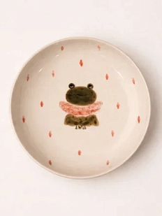 Тарелка ручной работы Ким керамика с бортиком Лягушка в жабо с ромбиками, белая, 17 см
