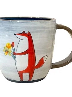 Кружка ручной работы Ким керамика с росписью Лис с нарциссами и тюльпанами, 500 мл, белая